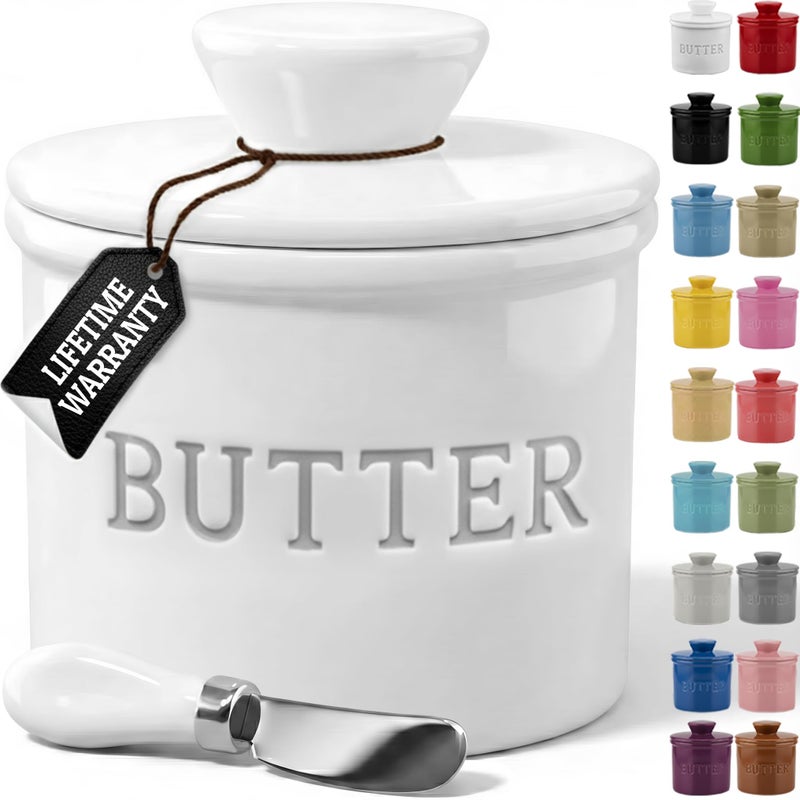 Priority Chef Butter Crock with Lid with Water Line, Ceramic French Butter Dish to Leave On Counter, White - Image 1